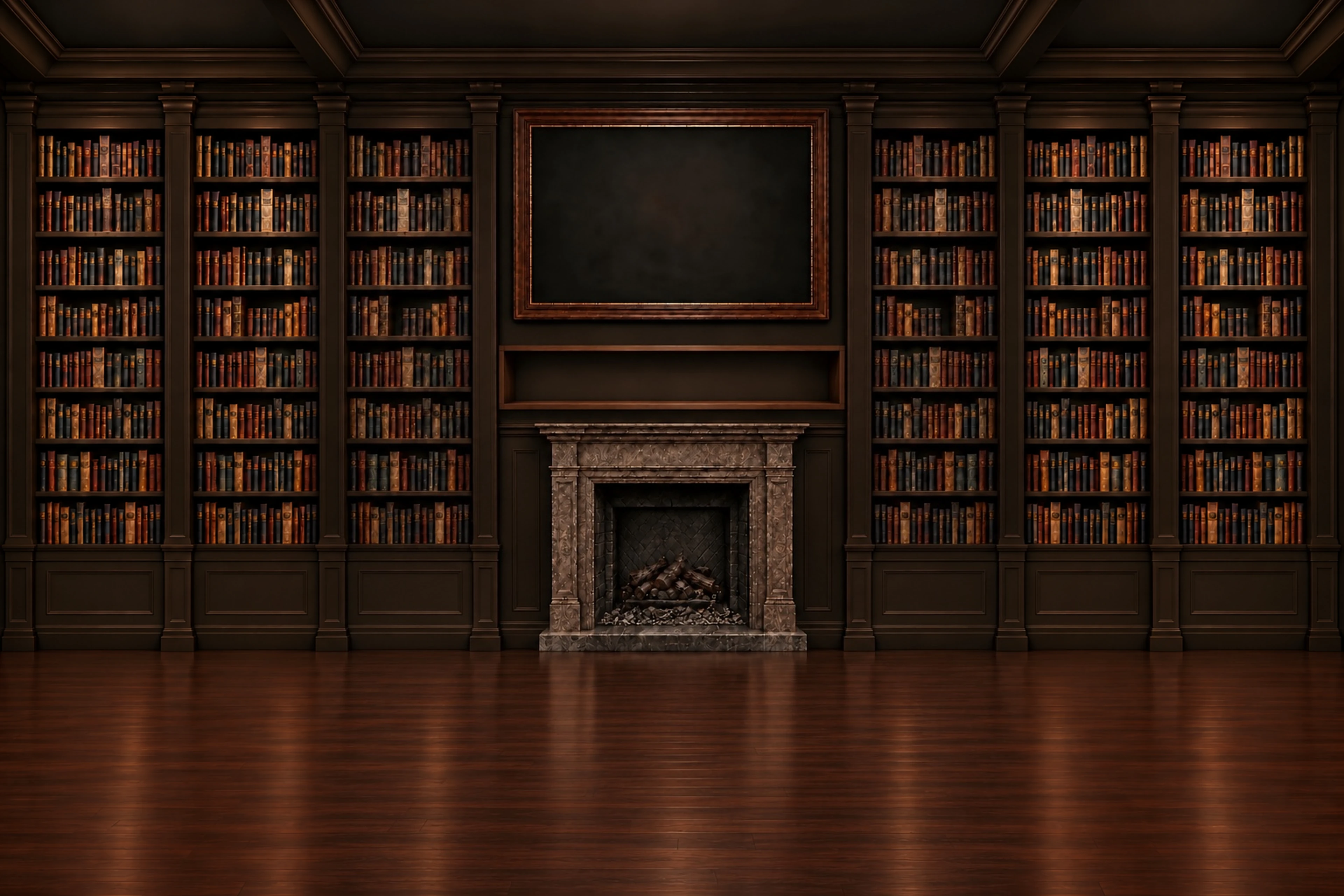 Library wall with a fireplace and bookshelves